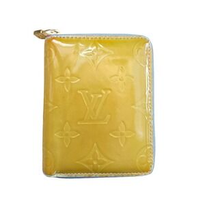 Louis Vuitton Monogram Vernis Compact Zip Wallet Olive Green Blue Interior